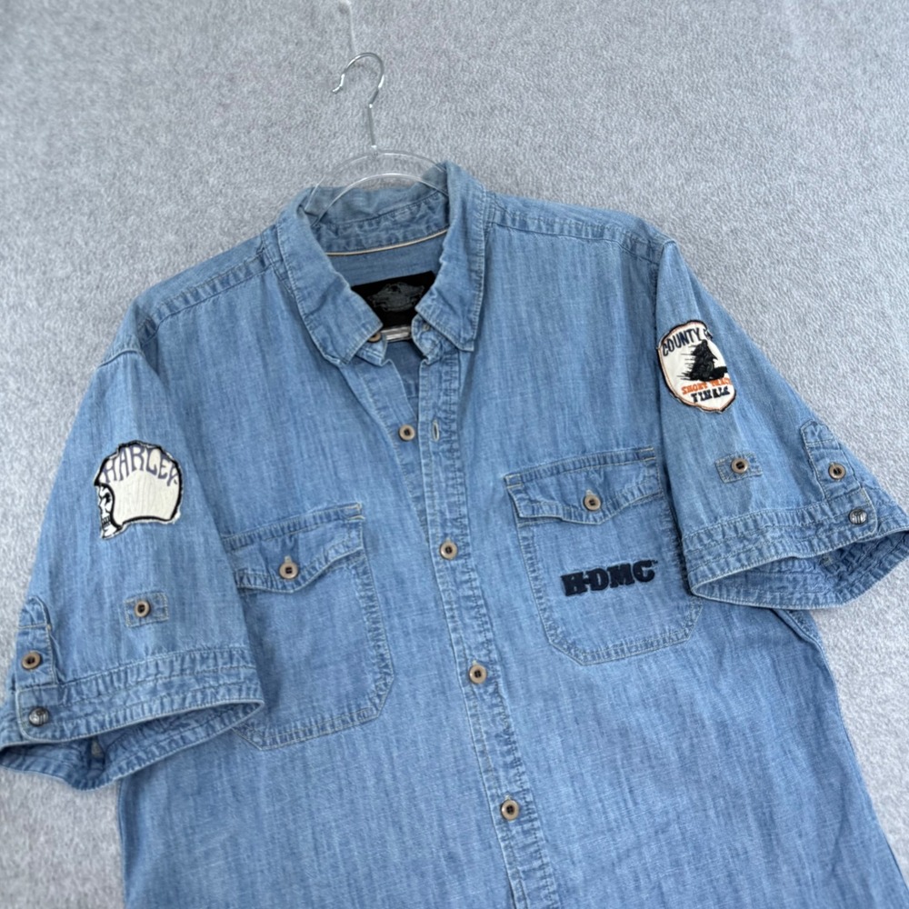 Harley Davidson Button Up Shirt Mens L Blue Chambray Denim Short Sleeve Patch